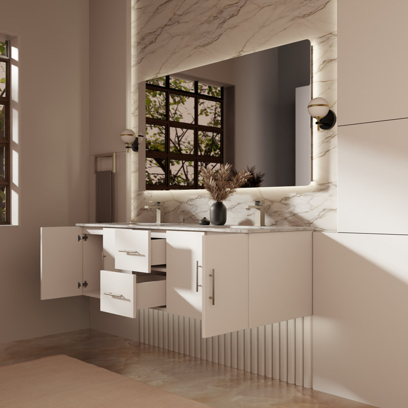 Ensemble de meuble-lavabo double mural 60 "avec miroir Geneva, Blanc lustré, Marbre de Carrare blanc