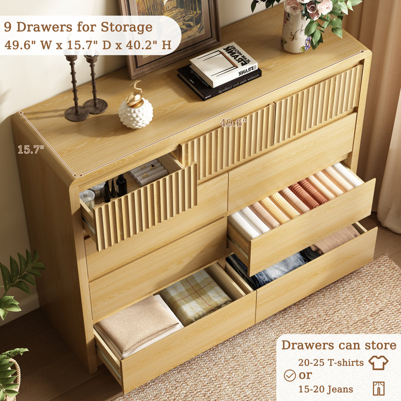 9 Wood Drawer Dresser with Fluted Panel, Anti-Tip Safety Chest of Drawers with Hidden Handles, Round Corner Waterproof Storage Cabinet for Bedroom, Living Room Tv Stand, Easy Assembly