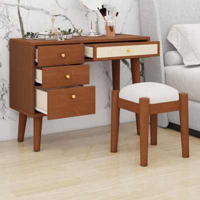 Vintage Bohemian Vanity Table with Charging Ports, Storage Drawers, Rattan Accent and Matching Stool