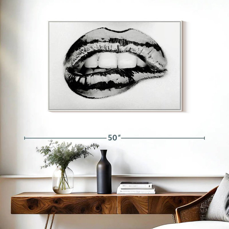 Monochrome Biting Lip, Floating Frame White, 37" X 25"
