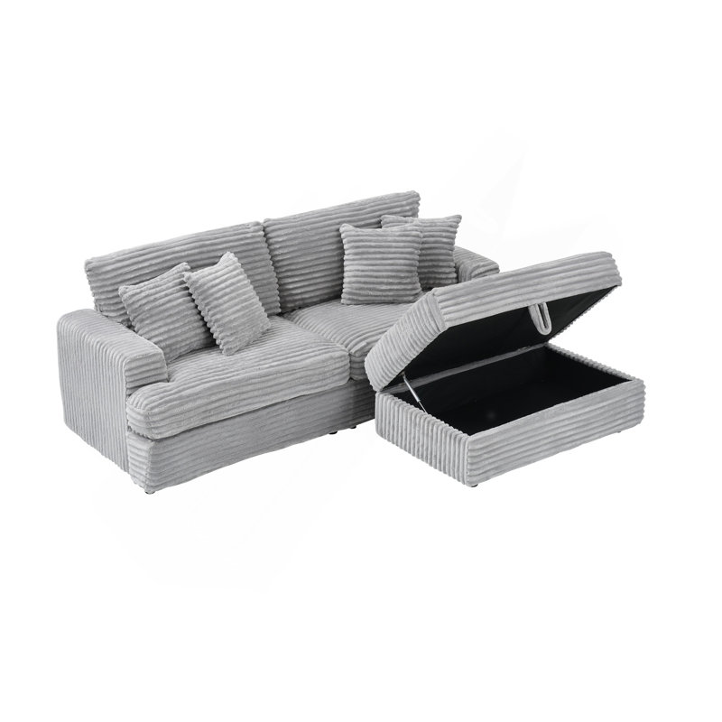 Canapé de 88,58 pouces en velours côtelé gris, un pied de rangement simple et quatre coussins, doux comme un nuage, élégant canapé paresseux, convient au salon et au bureau
