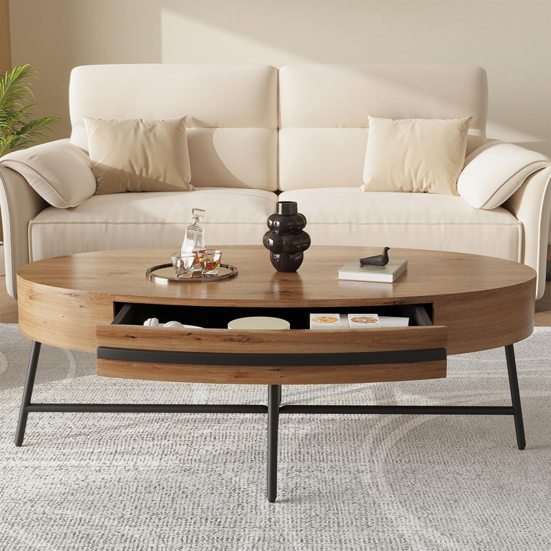 Table basse ovale avec tiroir Mid-Century, Brun