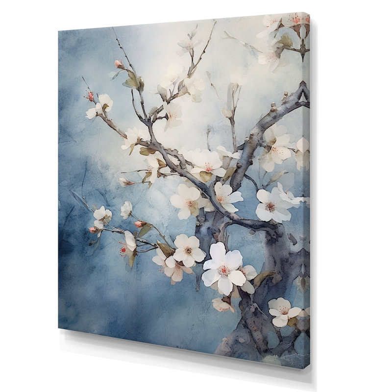 «Blue and Gray Cherry Blossoms Sapphire», reproduction d'art sur toile, H 32 po x l 16 po x P 1 po, Toile tendue
