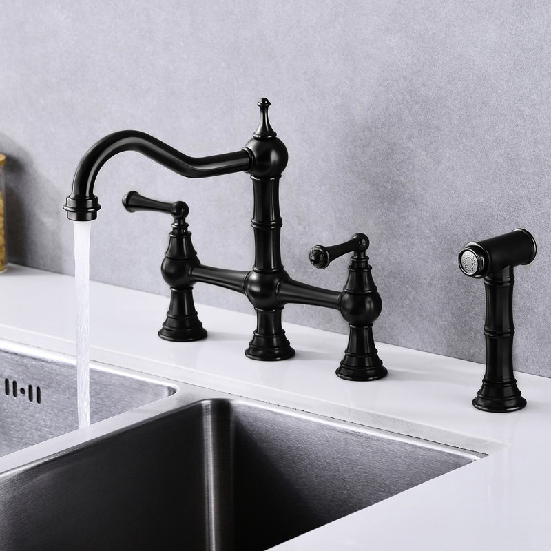 Robinet de cuisine pont noir mat avec deux poignées et douchette latérale rétractable, rotation élevée à 360 degrés, rouille, fuite, laiton fabriqué avec deux sorties, construit