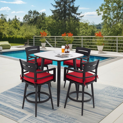 Modern 5pc Outdoor Patio Bar Set, Ember Black With Marble-inspired Table & 4 Swivel Chairs, Sunbrella Cushion