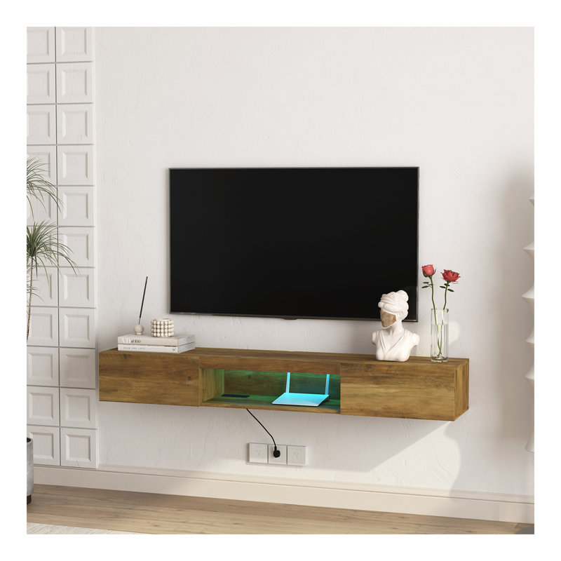 Meuble télé flottant, meuble télé mural avec lumières DEL et prise de courant, meuble télé flottant mural de 65 po avec 16 couleurs - brun