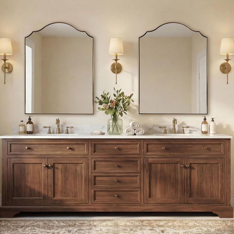 Scalloped Arch Bathroom Vanity Mirror with Curved Top | Stainless Steel Frame, Brushed Gold, 40" x 30"
