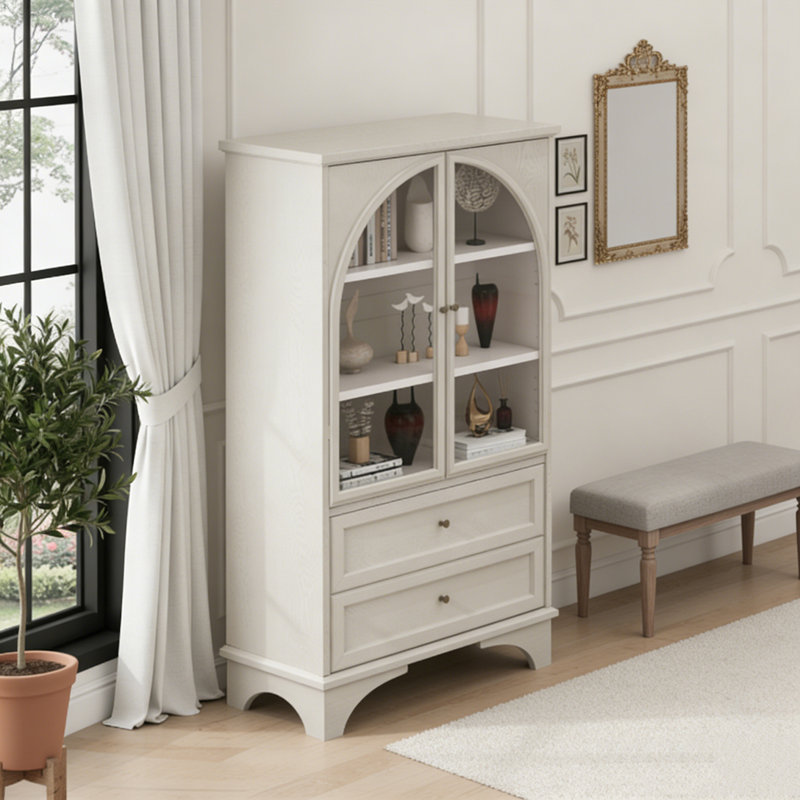 52.17"H Glass Door Display Case Storage Cabinet with 2 Drawers and Adjustable Shelf, Spacious Storage, White
