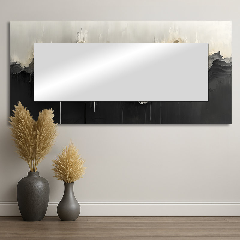 Black White Unbound Horizons Drip Painting II - Abstract Wall Mirror Art - Printed On Metal, 28" x 60"