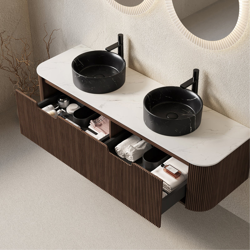 Meuble-lavabo de salle de bain, lavabos rayés à bords arrondis avec 2 tiroirs, 2 lavabos ronds noirs en céramique et plateau en pierre frittée blanc de Carrare, pré-assemblé