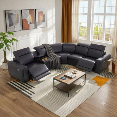 Canapé modulaire inclinable en cuir 6 pièces avec consoles audio, recharge sans fil, ports USB, lumières DEL et porte-gobelets 6 pièces