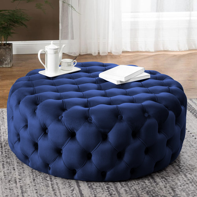 Crone 99cm Wide Tufted Round Ottoman, Blue