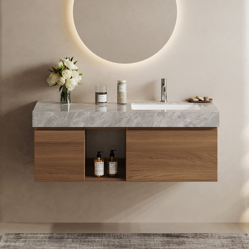 Ensemble de meuble-lavabo simple 48 po avec plateau gris Loubertha, bois massif multicouche, deux tiroirs et tablette ouverte