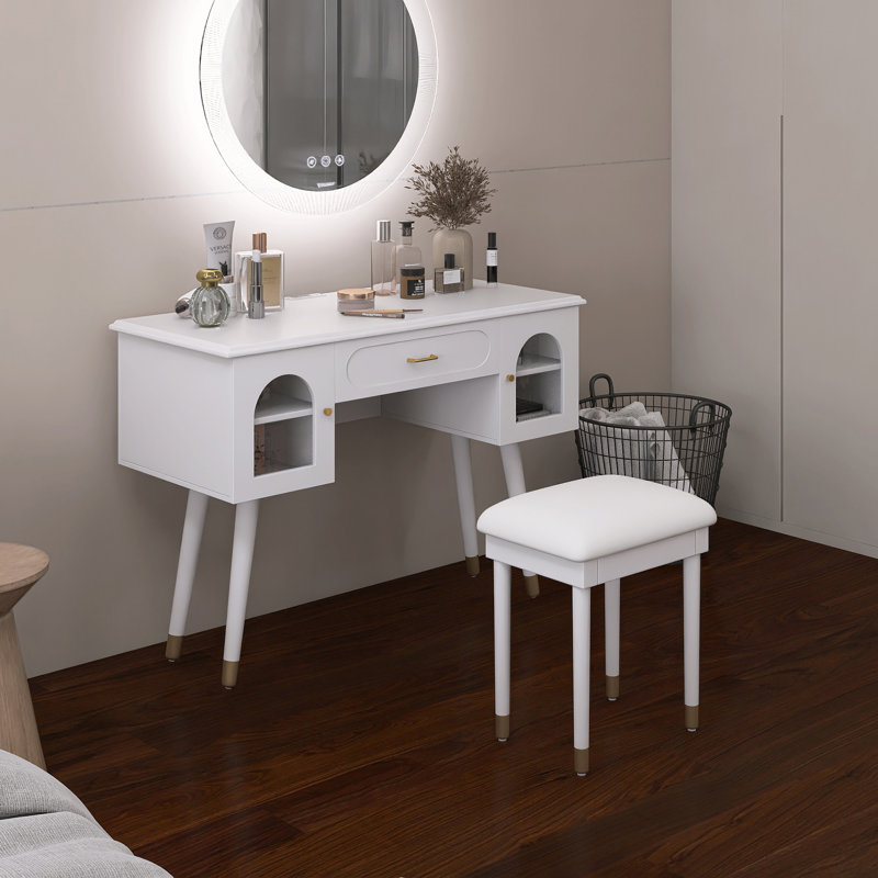 40 In. Makeup Vanity Desk With Writing Desk, Charging Port, White