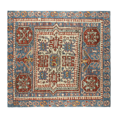 Rug & Kilim's Caucasian Style Square Rug In Blue With Geometric Medallions