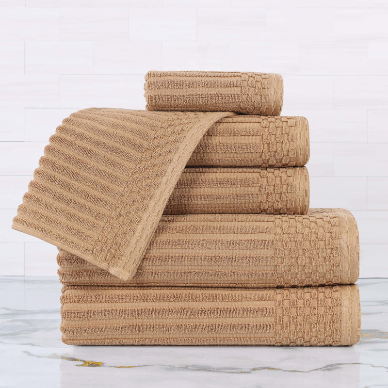 Ensemble de serviettes en coton très absorbant de six articles avec bordure unie et carreauté Ruvins, Brun clair