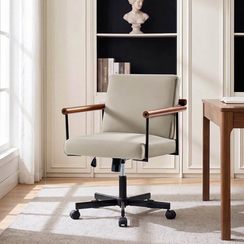 Avelina Rafael Modern Industrial PU Leather Upholstered Swivel Tilt Task Office Chair with Solid Wood Armrest, Tan