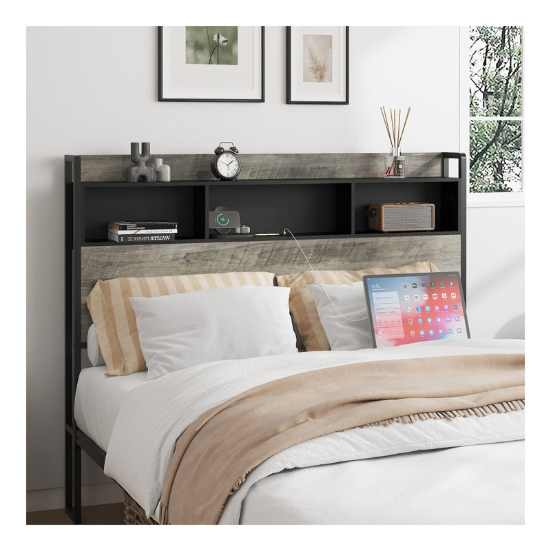 Cadre de lit simple, avec espace de rangement à la tête du lit et une station de charge au milieu, Lit simple