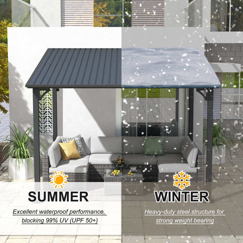Galvanized Steel Patio Pergola Wall-Mounted With Sloping Roof, 98.1" H x 111.3" W x 95.7" D