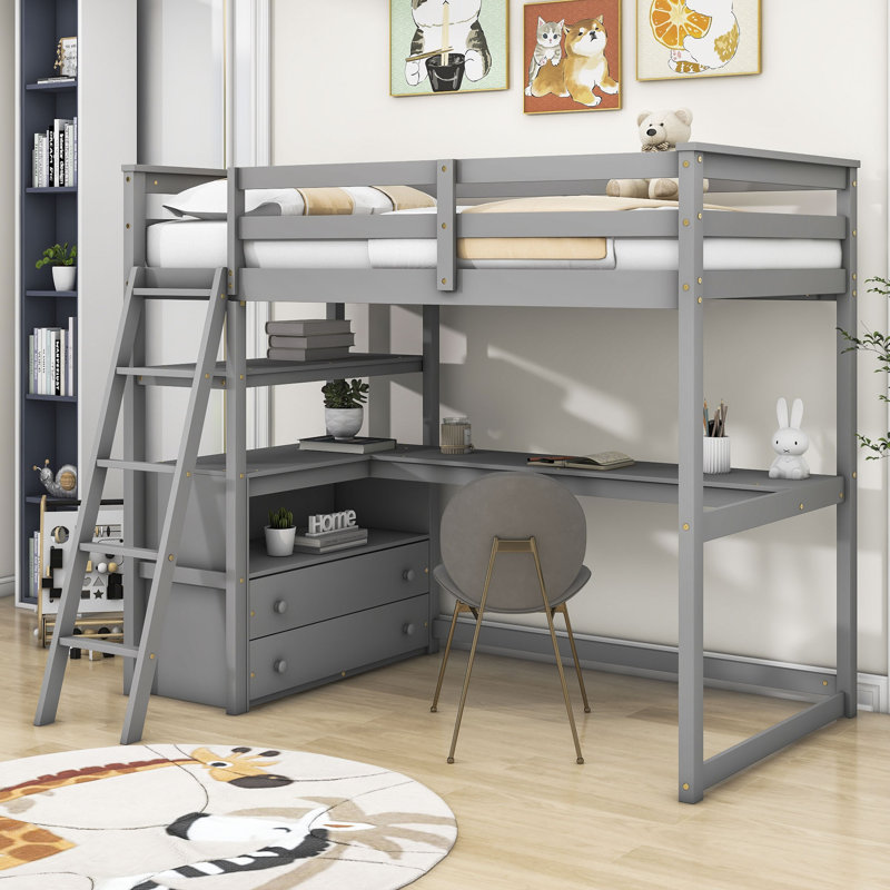 Kids Twin Loft Bed with Drawers, Gray