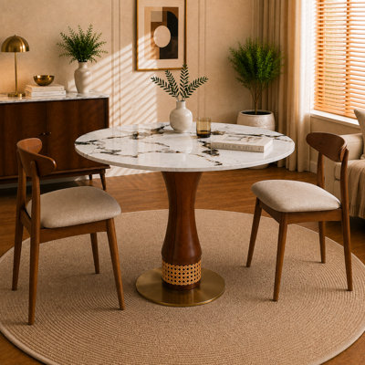 33.5" Round Sintered Stone and rubberwood legs Dining Table, Designer Rubber Wood Pedestal with Handwoven Wicker Accent and Stainless Steel Base for Kitchen, Apartment & Bistro