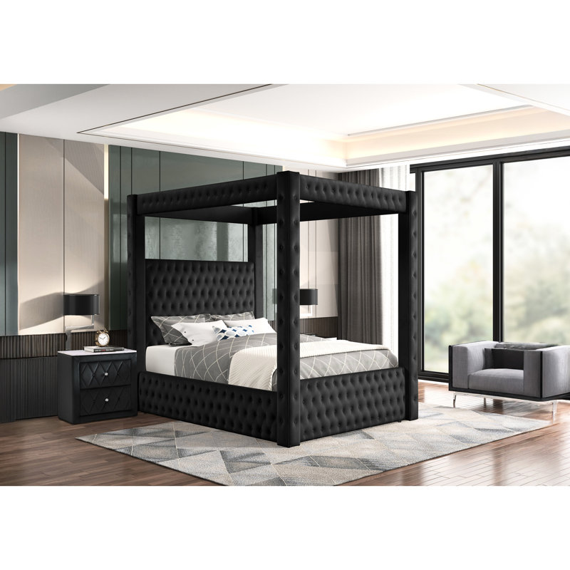 1 lit quatre places pour grand lit de style moderne avec tête de lit tapissier en tissu de velours noir riche et pour le confort de la chambre à coucher