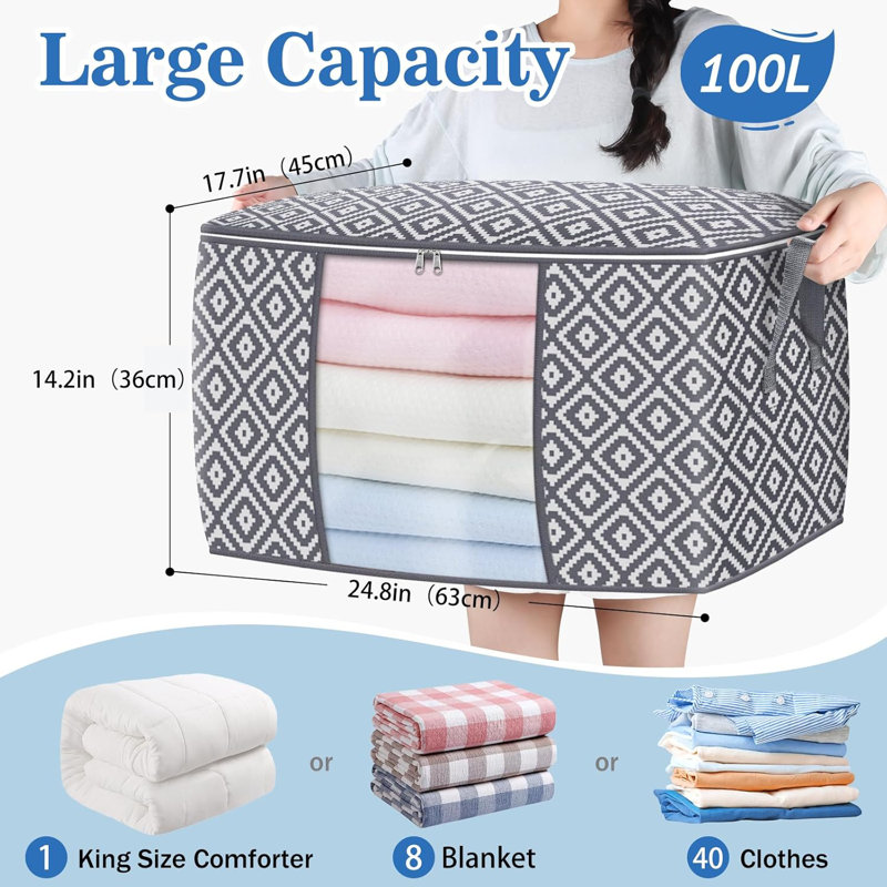 Grands sacs de rangement pliables 100L pour vêtements, couvertures et literie avec fenêtre transparente | Poignée renforcée | Paquet de 3 - gris