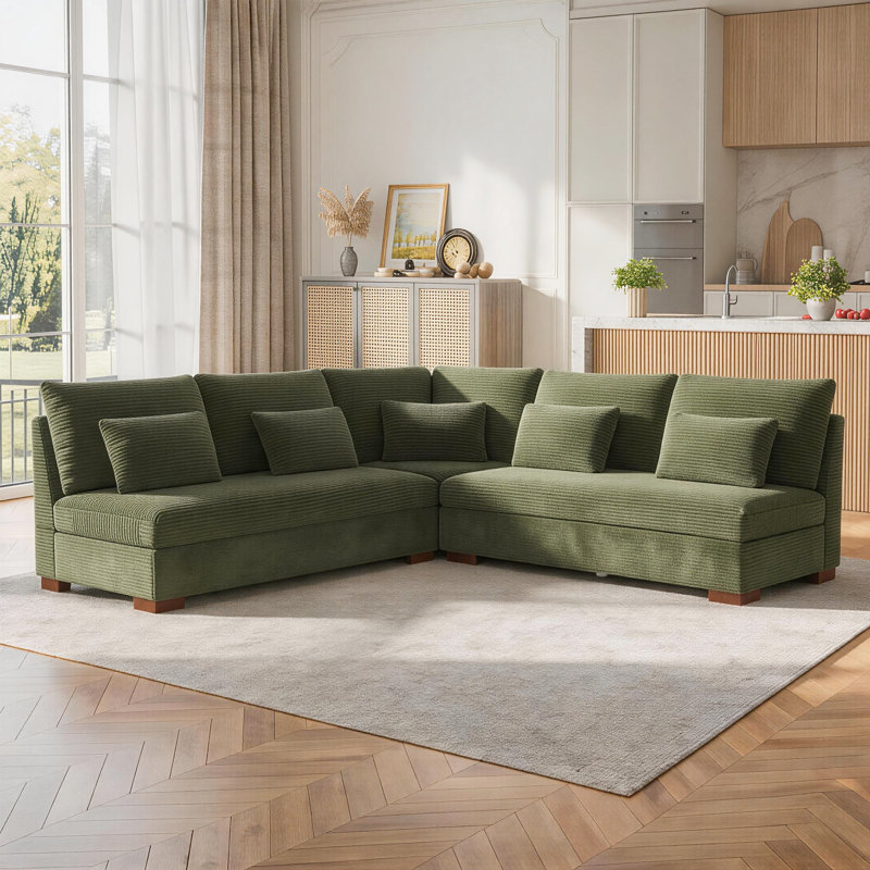 Canapé d'angle classique 3 pièces en velours côtelé de 251 cm de large avec pieds en bois massif pour salon