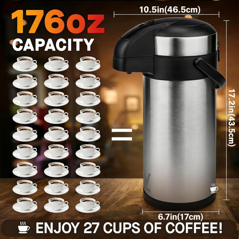 Vondior Airpot Coffee Distributeur avec pompe - Distributeur de boissons isotherme en acier inoxydable - 176 oz