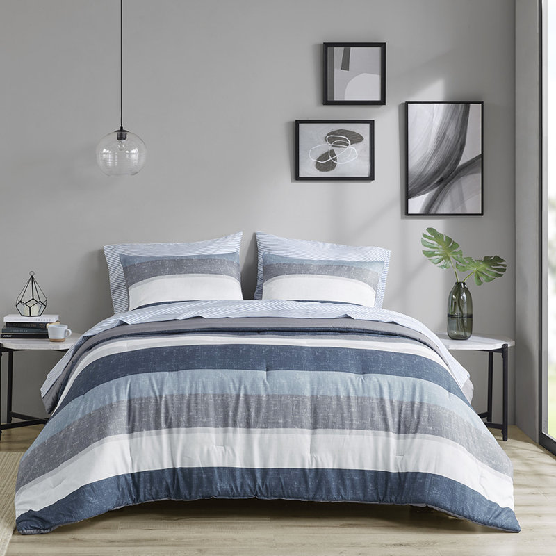 Drap à rayures avec édredon et draps - Gris, bleu marine, bleu dans un style décontracté Lavable à la machine, drap de grande capacité pour lit simple en microfibre traité jusqu'à 12 po