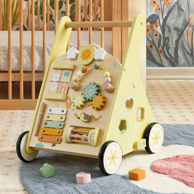 Wooden Baby Push Walker With Activity Center, Adjustable Speed Toddler Learning Walker With Xylophone, Shape Sorter And Storage Space