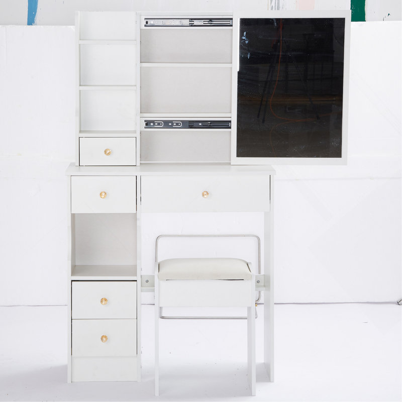 Table de coiffeuse 29,2 po avec tiroir à gauche avec tabouret rembourré, rangement multi-couches grande capacité, commode pratique