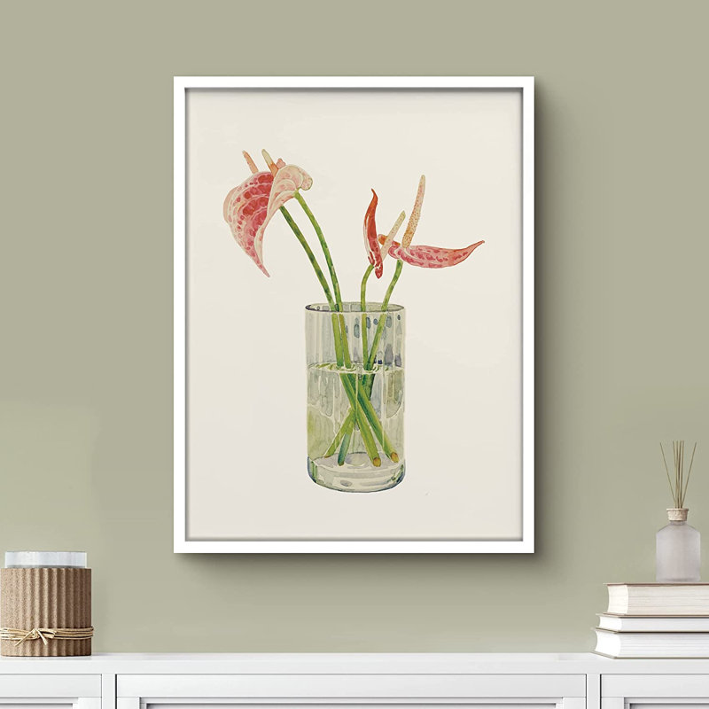 Fleurs rouges d'anthurium dans un vase - peinture encadrée, Blanc