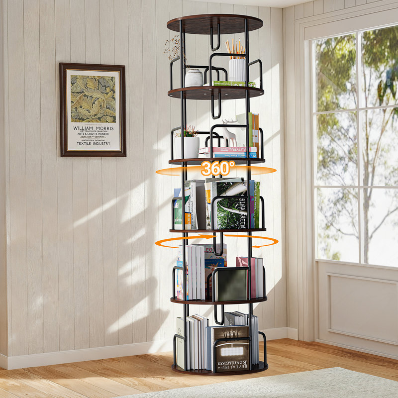 Tour de bibliothèque rotative à 360 ° à 5 niveaux avec plateau tournant lisse, rangement vertical compact pour les livres et la décoration.
