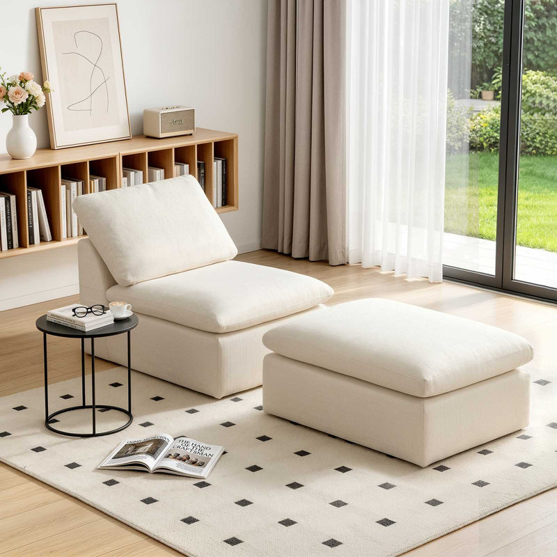 Canapé-lit simple sans accoudoirs en chenille avec repose-pieds et coussin pour salon ou appartement, Blanc