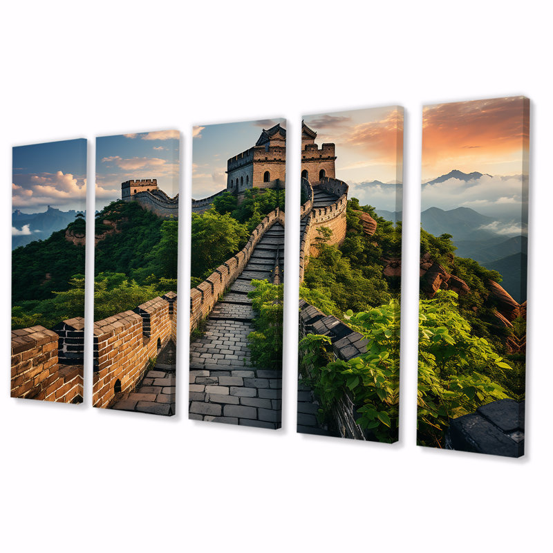 Grande muraille de Chine au coucher du soleil - Chine, art mural 5 pièces, H 28 po x l 60 po