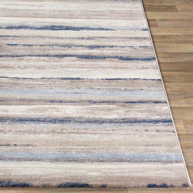 Tapis rayé bleu clair / blanc cassé / gris Banuelos, Rectangle 7 pi 10 po x 10 pi