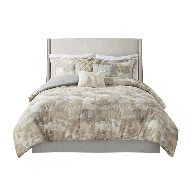 Ensemble d'édredon 7 pièces en mélange de coton texturé gris très grand, Édredon de très grande taille et 6 pièces suppl