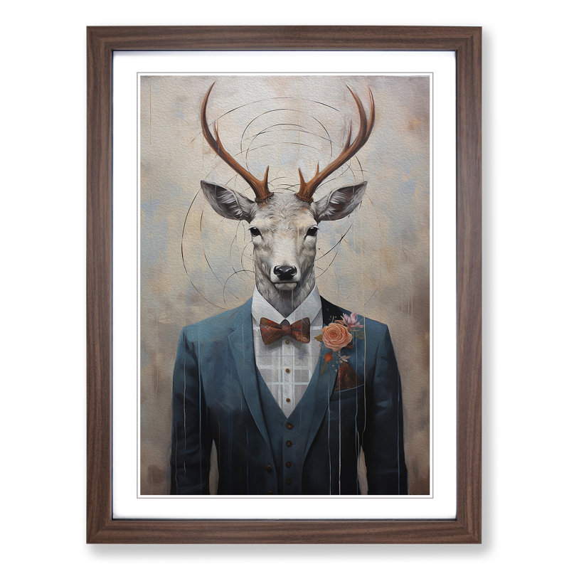 Stag Modern - Single Picture Frame Print on Wood, Walnut, 64cm H x 46cm W x 2cm D