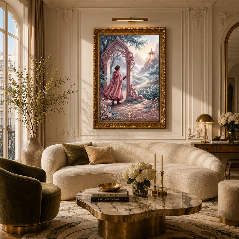 «Woman In Pink Cloak At Gothic Archway», art mural sur toile brumeuse, 30"H x 20"W