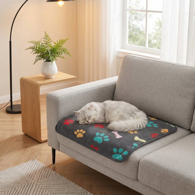 Set of 3 Plush, Premium Fleece Pet Blankets. Flannel Throw with Paw Print Pattern. Colors: Grey, Brown, Blue. Size: Small (23x16 inches). Suitable for Dogs and Cats.