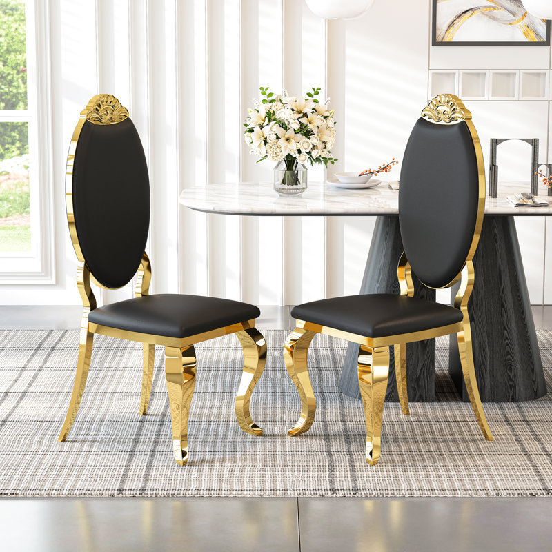 Luxury Dining Chair Set, Oval Carved Backrest, Polished Mirror Stainless Steel Legs, 4, Black/Gold