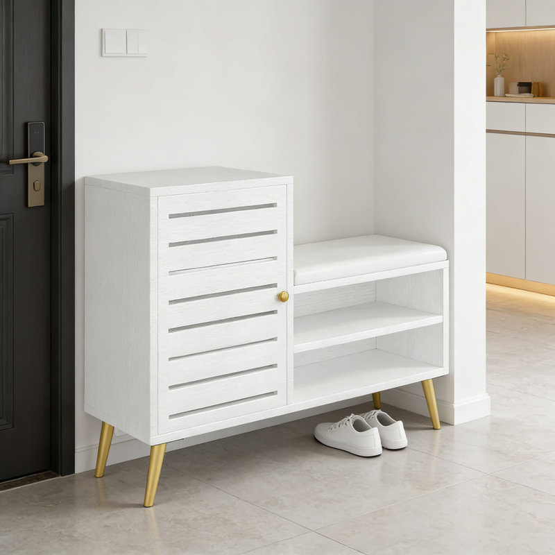 L-Shaped Shoe Storage Bench With Cushioned Seat, Door Cabinet And Open Shelf For Entryway, Hallway, Living Room Or Bedroom Organization