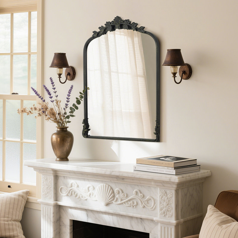 Vintage Metal Wall Mirror – Ornate Antique Vanity Mirror with Iron Frame, Black, 30” x 22”