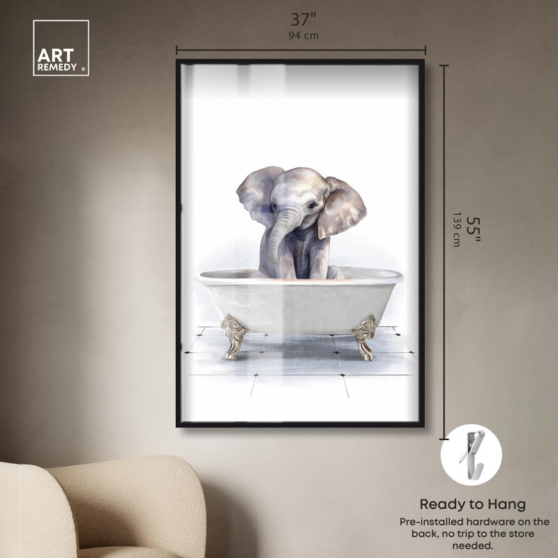 «Bathaign Elephant Shadowbox Print Trendy Bathroom Art» par Art Remedy, H 55 po x l 37 po, Noir