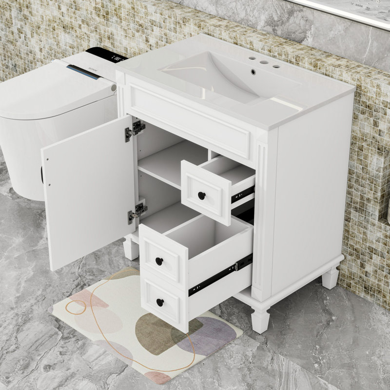 Meuble-lavabo moderne avec lavabo en céramique, 2 tiroirs et tablette réglable, Blanc
