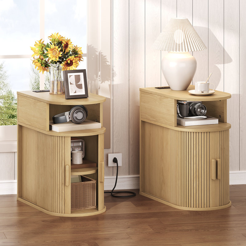 Narrow Fluted End Table with Charging Station & Sliding Curved Door, Natural