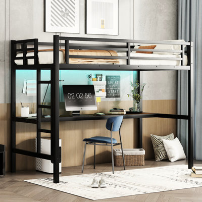 Metal Twin Xl Loft Bed With Desk, Charging & Exalted Bedroom Decor In Black Led - Convenient, Space For Room