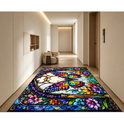 Tapis antidérapant en velours, motif floral vibrant inspiré des vitraux avec papillons, tapis décoratif, décoration intérieure artistique pour salon, chambre, salle à manger, couloir, entrée, cuisine, appartement