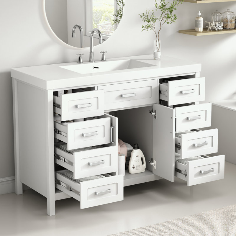 Meuble-lavabo avec lavabo, 2 portes et 8 tiroirs, Blanc